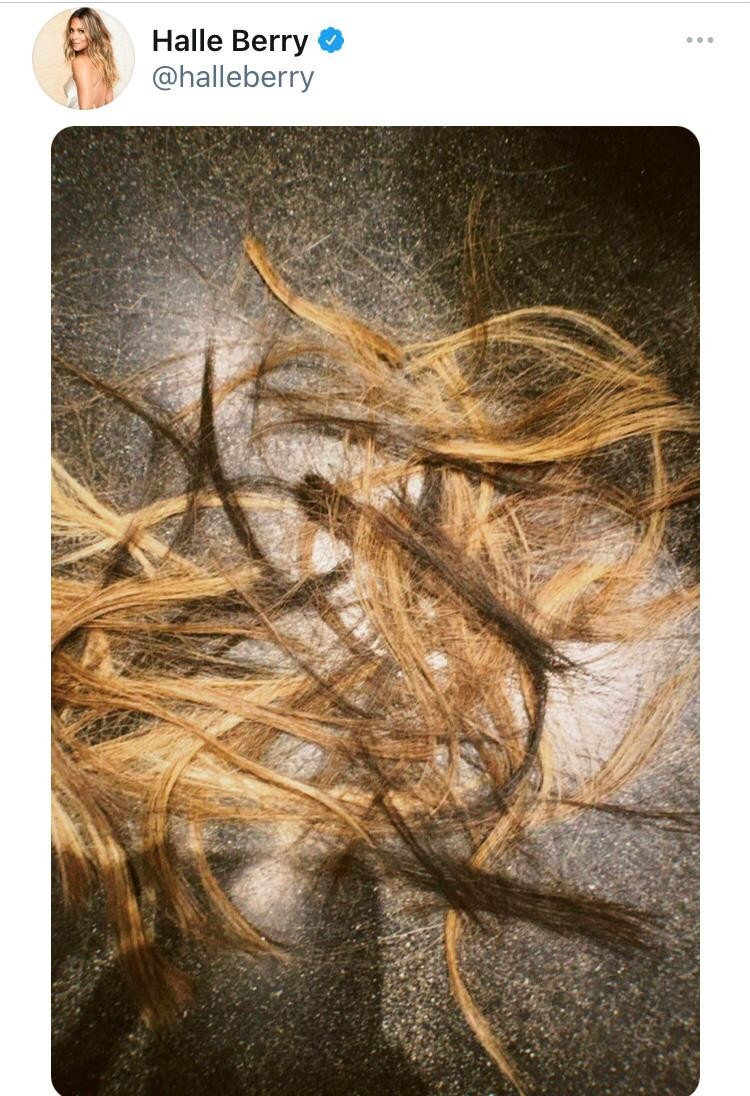 Mais cedo, Halle Berry postou uma foto com madeixas de cabelo no chão (Foto: Reprodução/Twitter)