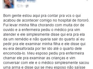Mulher de rapaz ameaçado por médico fez postagem em rede social relatando o caso, Itororó, Bahia (Foto: Reprodução/ Facebook)