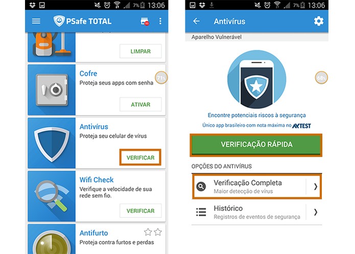 Inicie a verificação de vírus no Android com o app PSafe Total (Foto: Reprodução/Barbara Mannara)