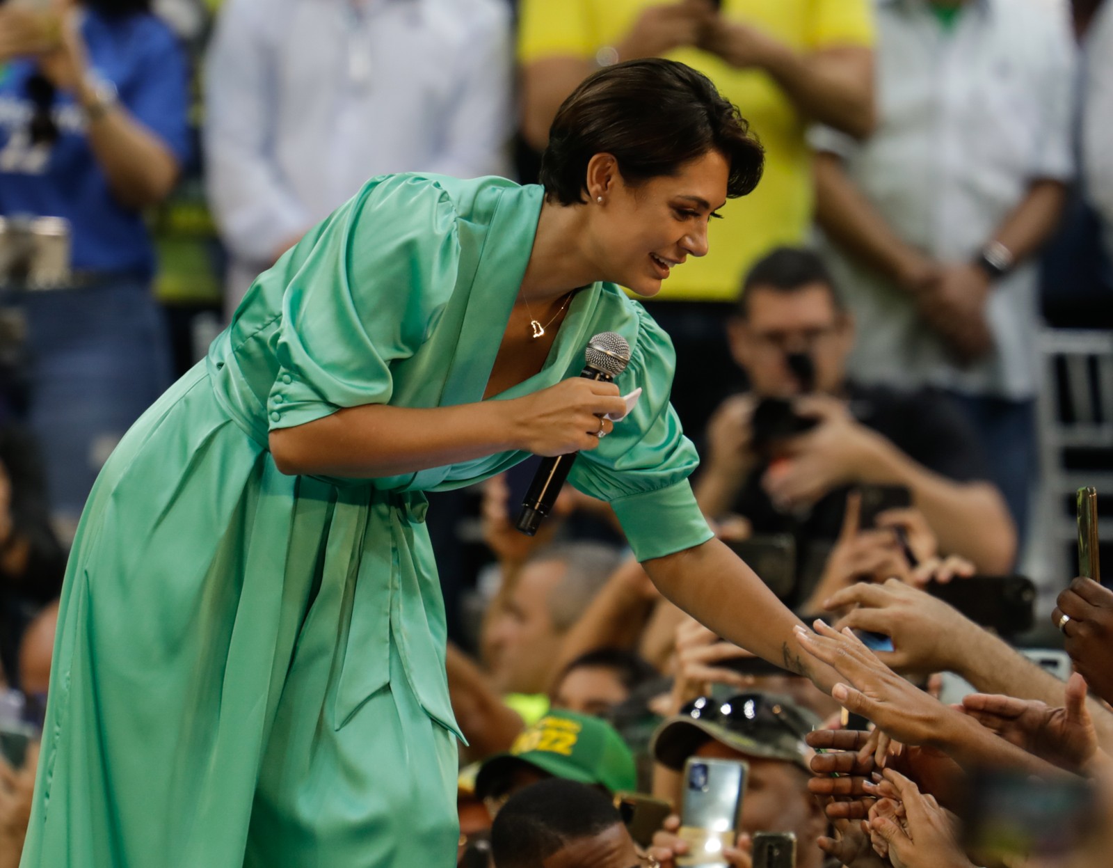 A primeira-dama, Michelle Bolsonaro, durante a convenção do PL no Maracanâzinho, no Rio — Foto: Gabriel de Paiva/O GLOBO