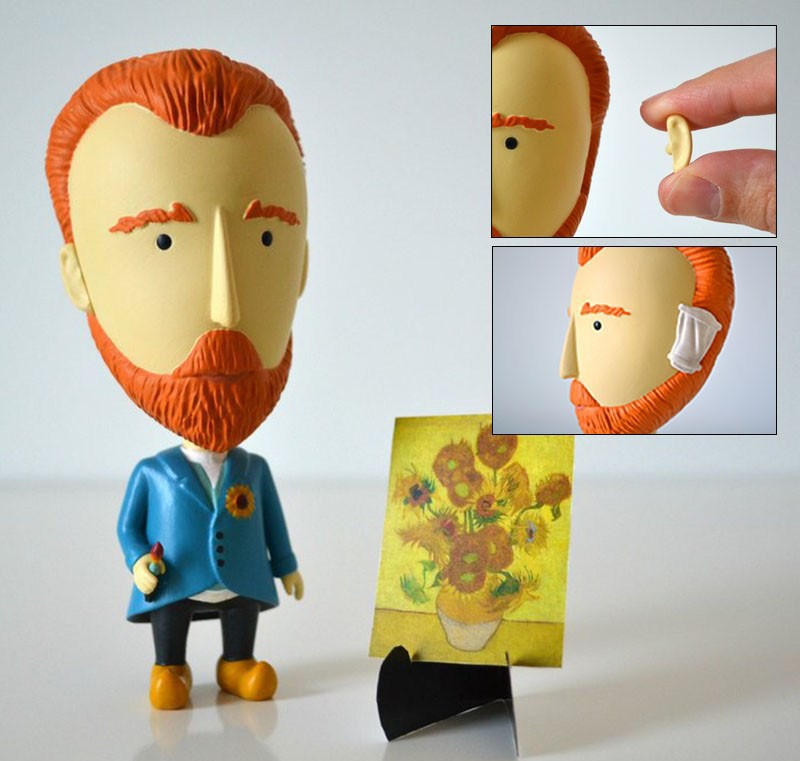 Um dos que mais chama a atenção é o Vincent van Gogh, que acompanha duas orelhas removíveis – já que o pintor, em vida, chegou a cortar a esquerda (Foto: Divulgação)