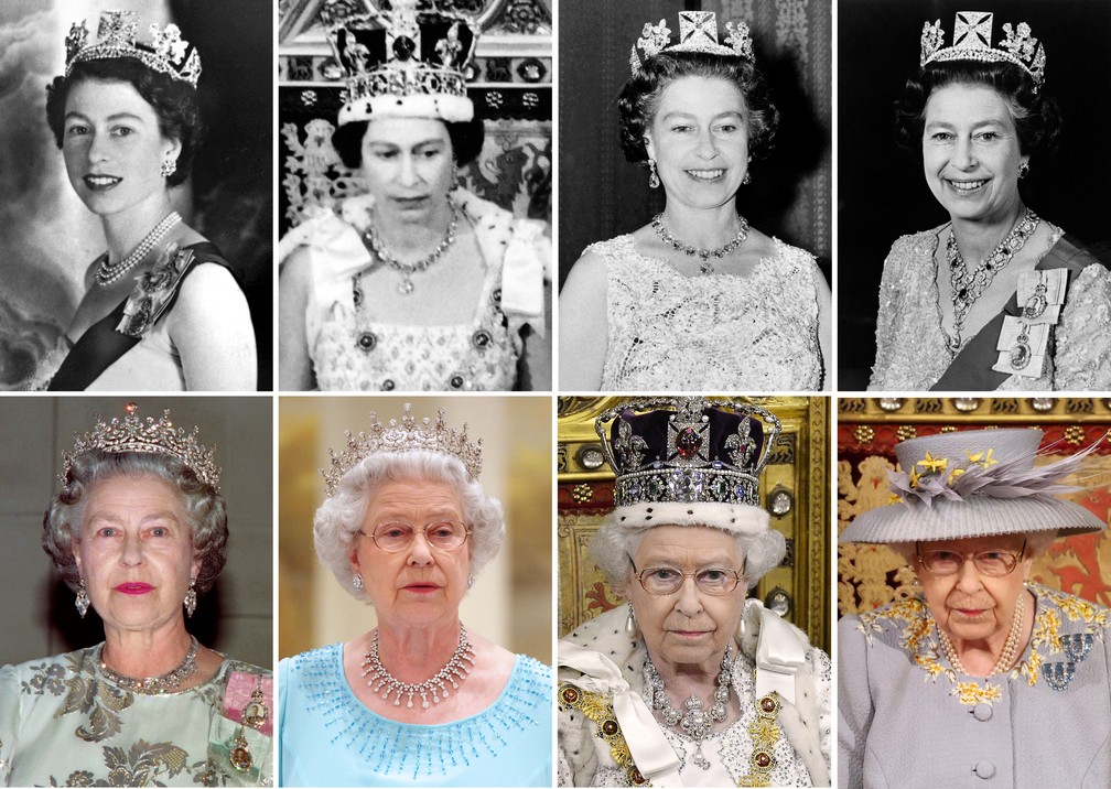 Montagem de fotos mostra retratos da rainha Elizabeth II em todas as décadas de seu reinado. Na fileira de cima, da esquerda para a direita, registros oficiais de 1953, 1966, 1972 e 1987. Abaixo, no mesmo sentido: em 1992 (Paris), 2006 (Cingapura), 2013 (Londres) e 2021 (Londres) — Foto: Joel Robine, Toby Melville, Jonathan Drake, Chris Jackson/AFP/Arquivo