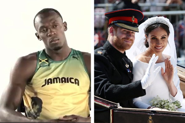 Usain Bolt (à esquerda) e o príncipe Harry com Meghan Markle (Foto: reprodução; Getty Images)