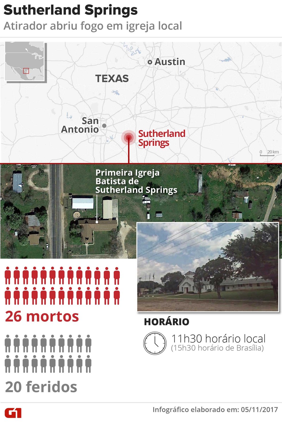 Mapa mostra local onde ficava igreja em que atirador deixou mortos e feridos no Texas (Foto: Igor Estrella/G1)