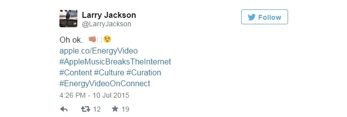 Resposta do chefe de conteúdo da Apple Music, Larry Jackson, em tuíte (Foto: Reprodução/Twitter)
