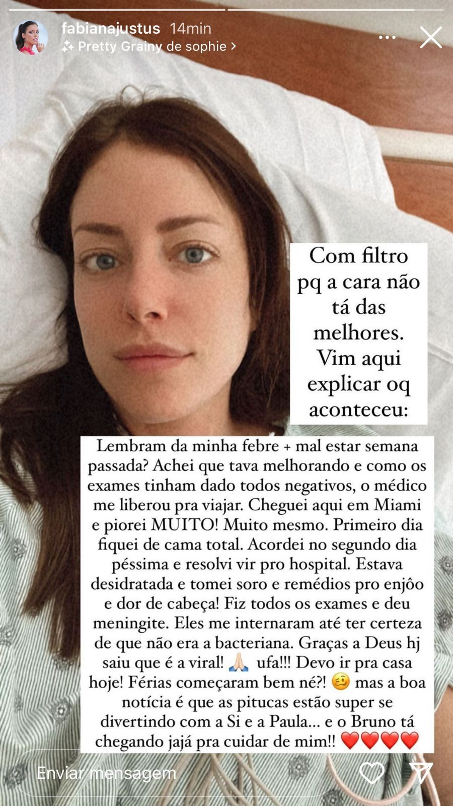 Fabiana Justus está com meningite (Foto: Reprodução/Instagram)