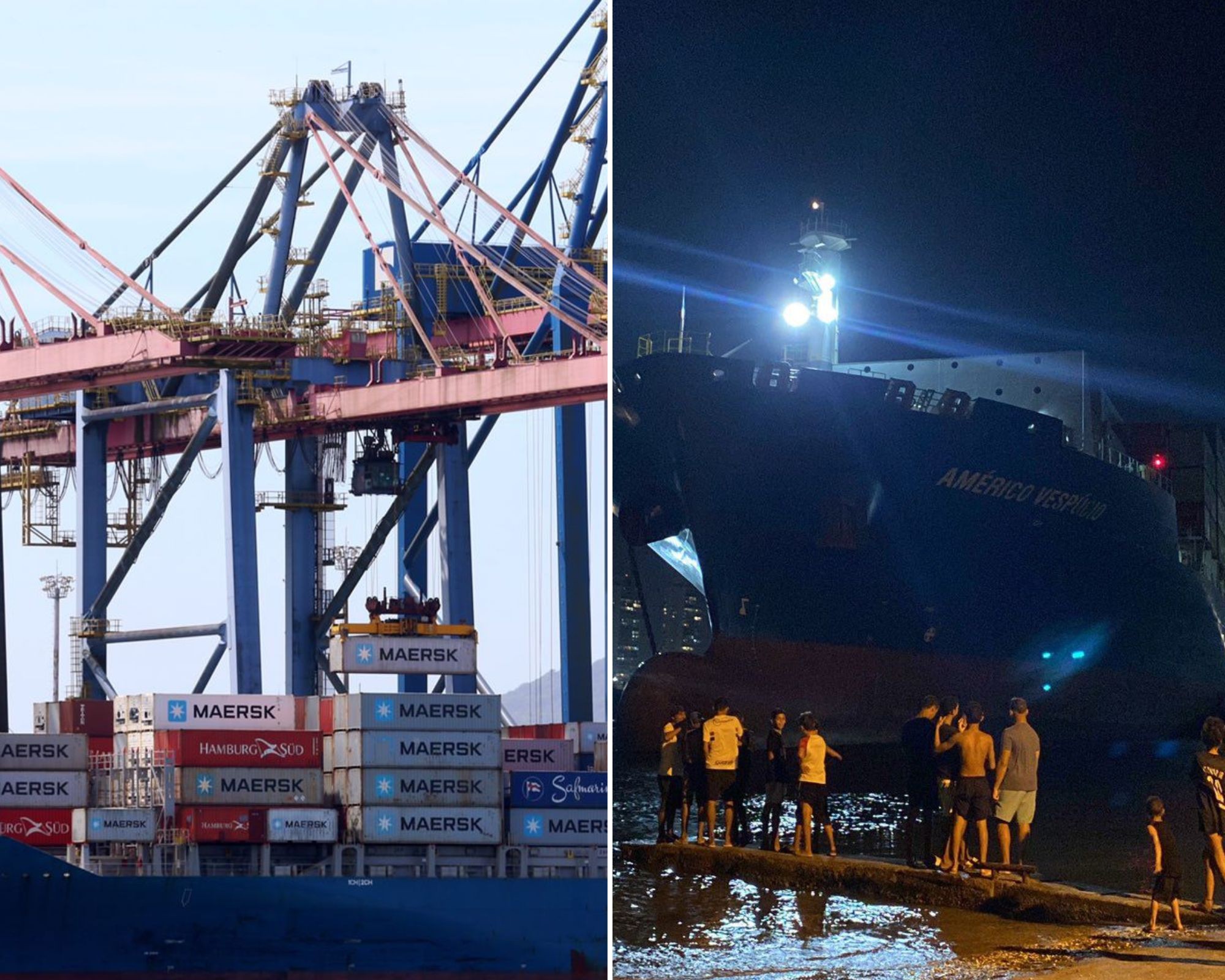 Navio de contêiner apresenta falha no sistema do motor e vai parar perto de prainha no Porto de Santos; VÍDEO