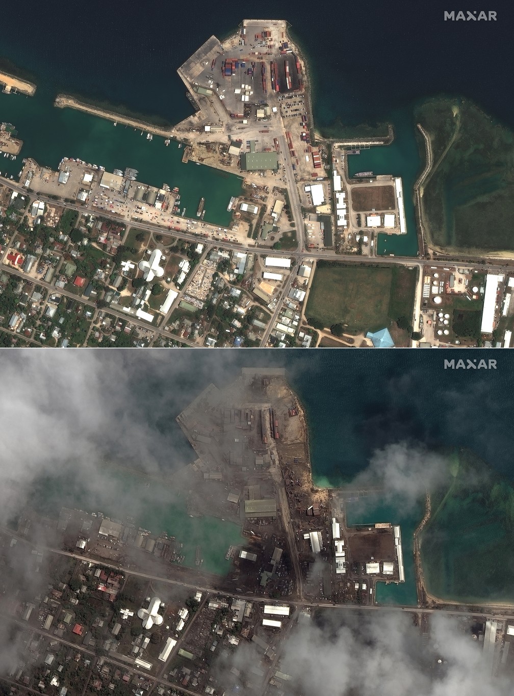 Combinação de imagens de satélite mostra as principais instalações portuárias de Nuku'alofa, capital de Tonga, em 29 de dezembro de 2021 (acima) e em 18 de janeiro de 2022 (abaixo), antes e depois da erupção do vulcão submarino Hunga Tonga-Hunga Ha'apai — Foto: Maxar Technologies via AP