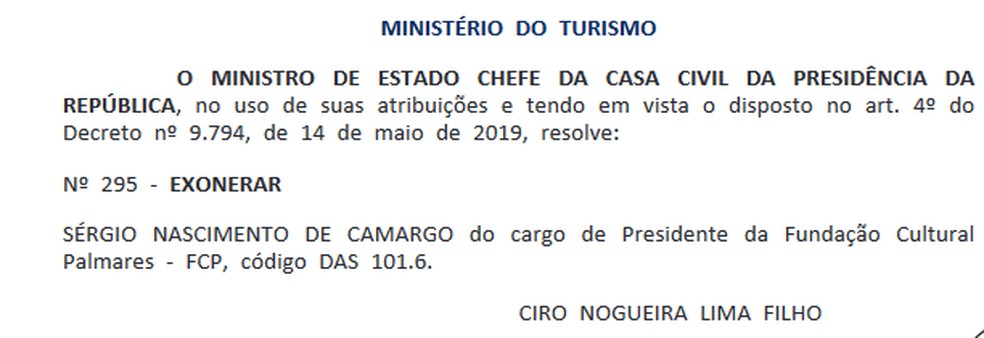 Exoneração de Sérgio Camargo — Foto: Reprodução / Diário Oficial da União 