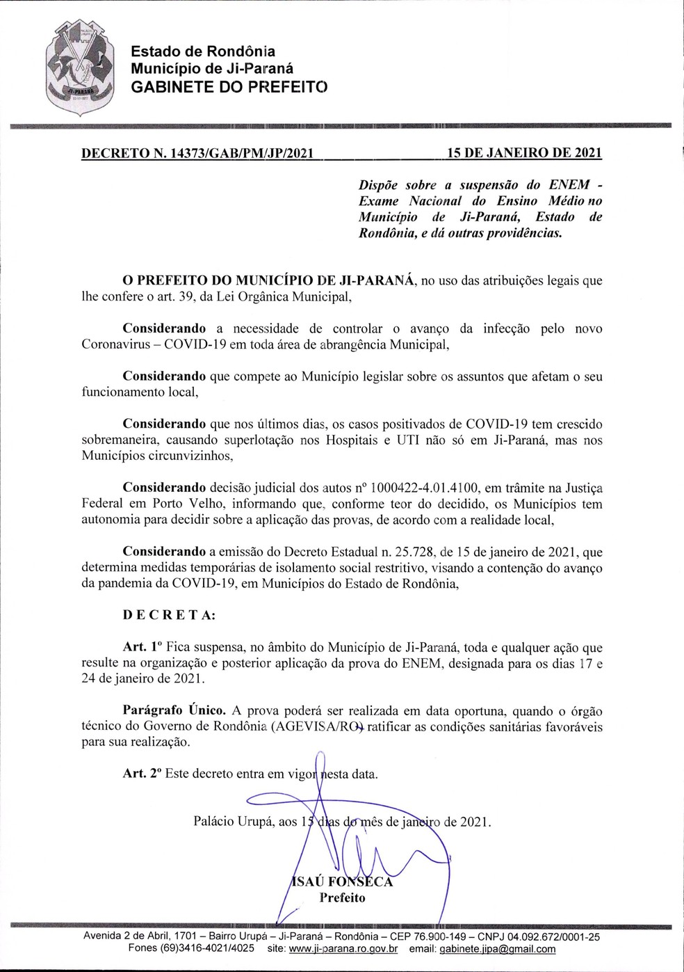 Decreto Municipal que suspende a aplicação do Enem em Ji-Paraná, RO — Foto: Divulgação/Prefeitura de Ji-Paraná