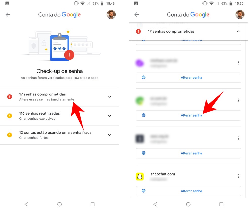 Android mostra senhas frágeis e permite que usuário altere o código para aumentar segurança — Foto: Reprodução/Rodrigo Fernandes