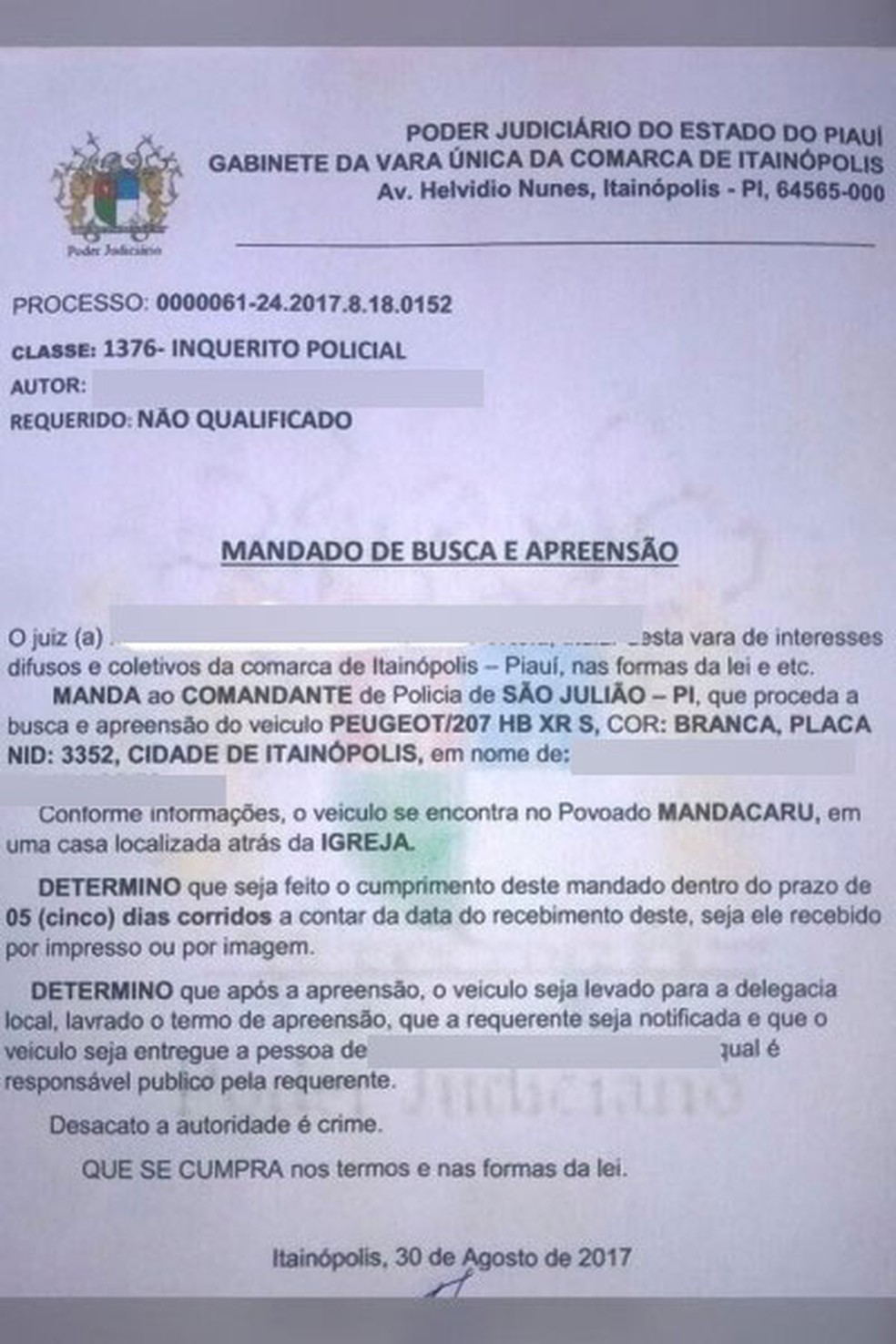 Mandado de busca e apreensão falsificado (Foto: Dilvulgação/Polícia Civil)