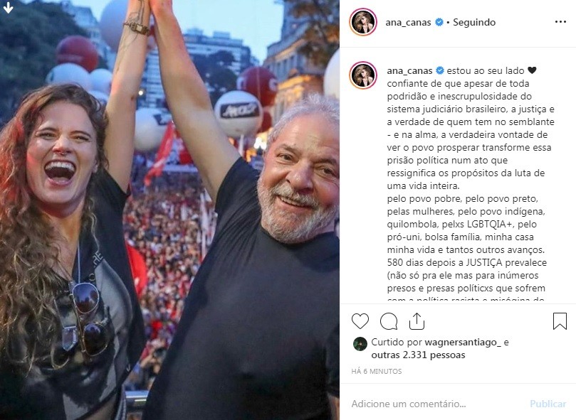 Lula Livre: famosos reagem a soltura do ex-presidente (Foto: Reprodução/Instagram)