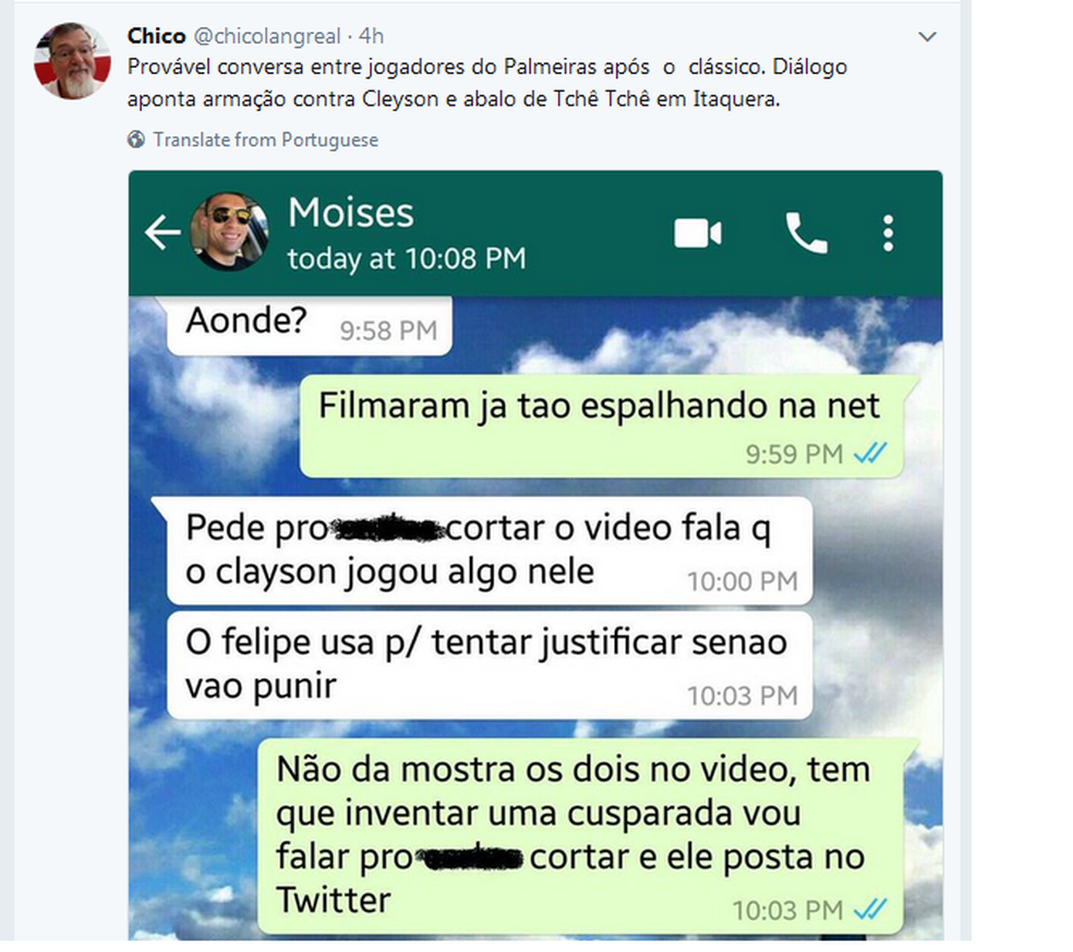 Print de conversa atribuída a Moisés, do Palmeiras; jornalista depois apagou o print e pediu desculpas ao jogador (Foto: reprodução)