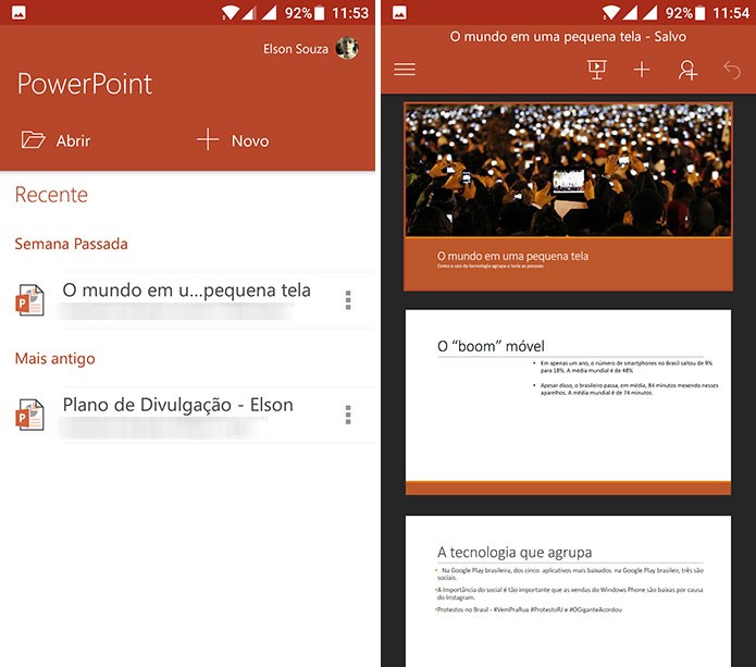 Abra a apresentação da qual deseja compartilhar slides no PowerPoint para Android (Foto: Reprodução/Elson de Souza)