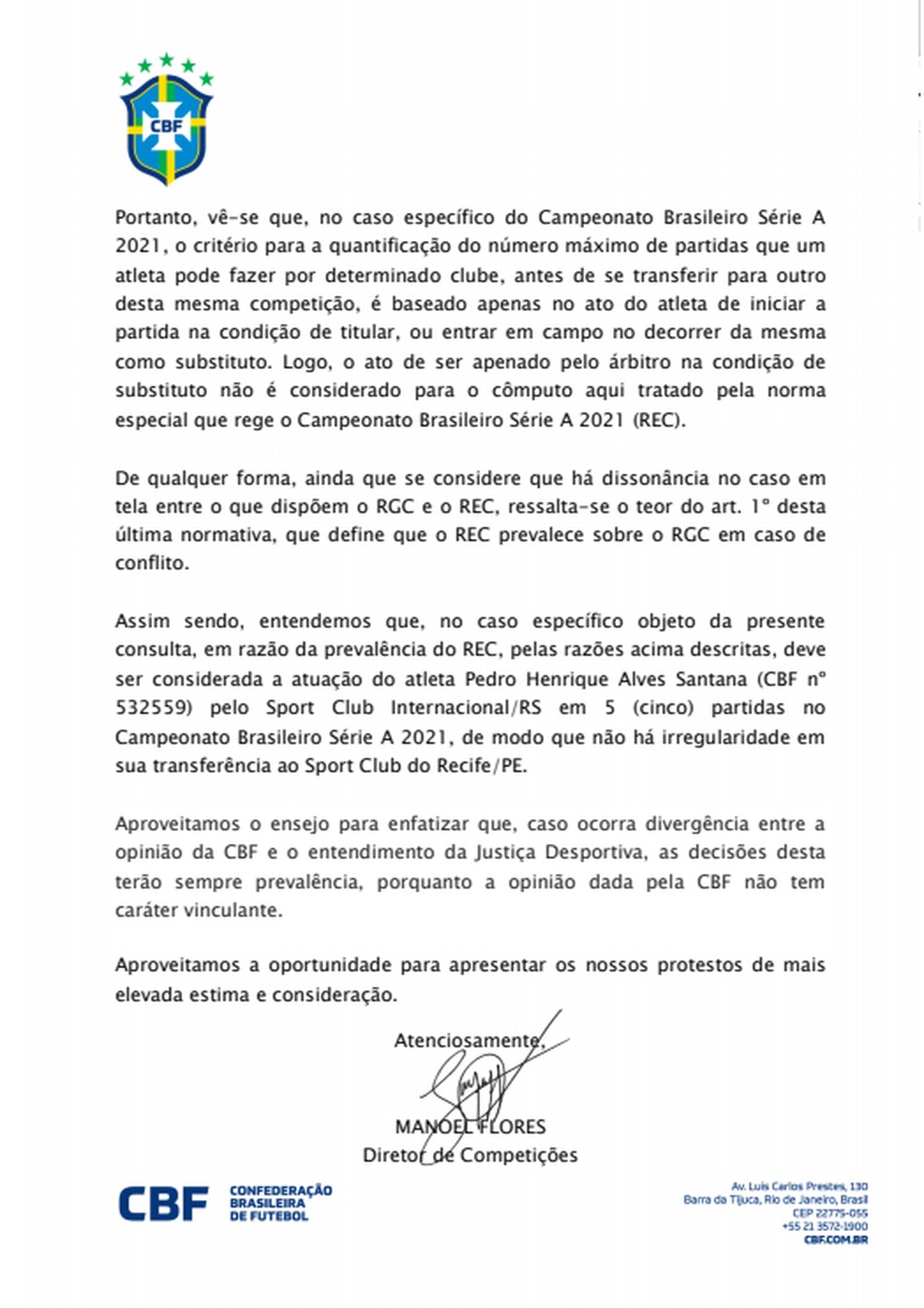 Ofício enviado pela CBF sobre o caso Pedro Henrique — Foto: Reprodução