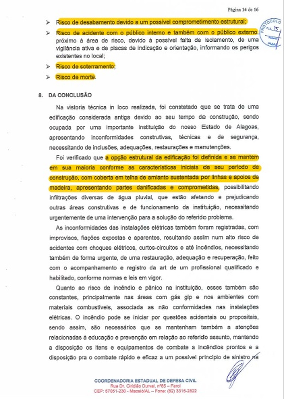 Defesa Civil Estadual aponta risco de desabamento e até risco de morte por causa das condições precárias da sede do Quartel do Comando Geral da Polícia Militar de Alagoas — Foto: Reprodução