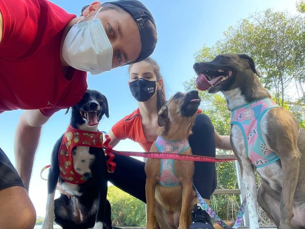 Camila Queiroz e KLebber Toledo posa com seus cachorros, todos adotados (Foto: Reprodução/Instagram)
