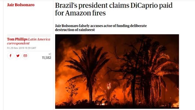 Jornal The Guardian diz que Bolsonaro acusou DiCaprio 'falsamente' de destruir floresta brasileira (Foto: REPRODUÇÃO/THE GUARDIAN via bbc)