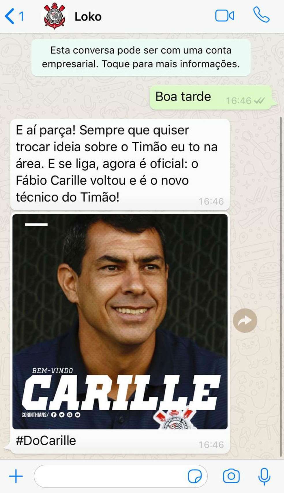 Carille está de volta; anúncio do Corinthians foi feito pelo WhatsApp — Foto: reprodução