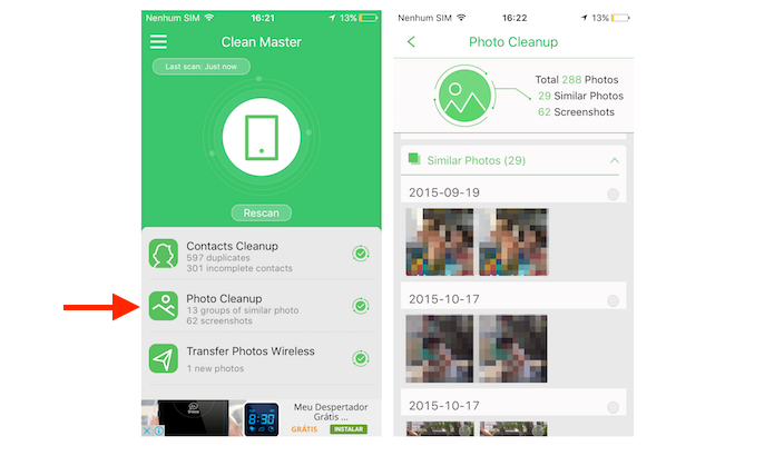 Acessando as opções para fotos do Clean Master Pro para iPhone (Foto: Reprodução/Marvin Costa)