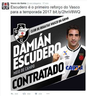 Vasco anuncia Escudero pelo Twitter (Foto: Reprodução Twitter)