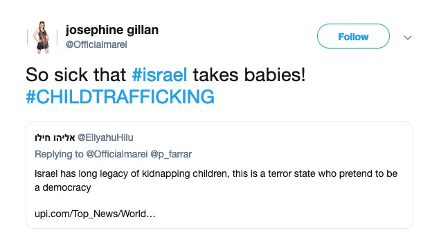 Um dos tuítes da atriz Josephine Gillan acusando o governo de Israel de tráfico de crianças (Foto: Twitter)