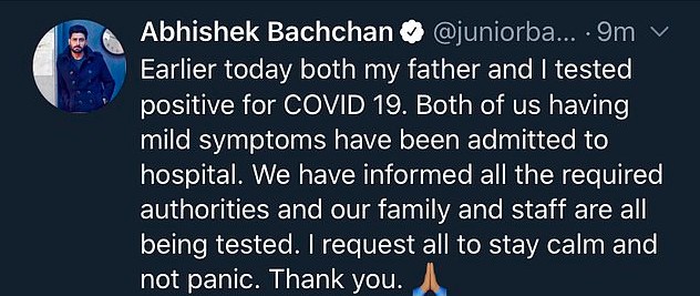 O post do ator Abhishek Bachchan anunciando seu diagnóstico de COVID-19 (Foto: Twitter)