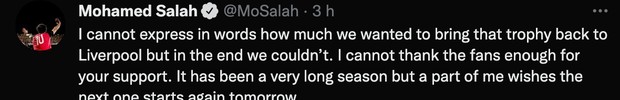 Salah lamenta a derrota, mas agradece o apoio dos fãs (Foto: Reprodução / Twitter)