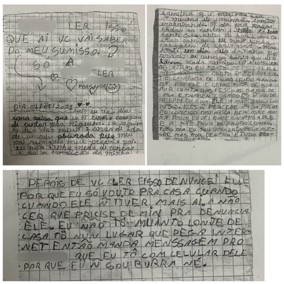 Carta escrita por adolescente relatando estupros praticados pelo próprio pai no Ceará — Foto: Polícia Civil/Divulgação 