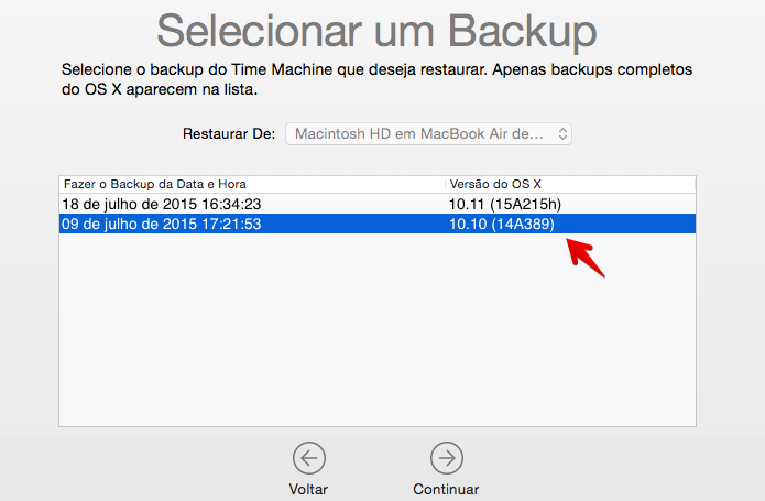 Selecione o backup do OS X 10.10 (Foto: Reprodução/Helito Bijora) 
