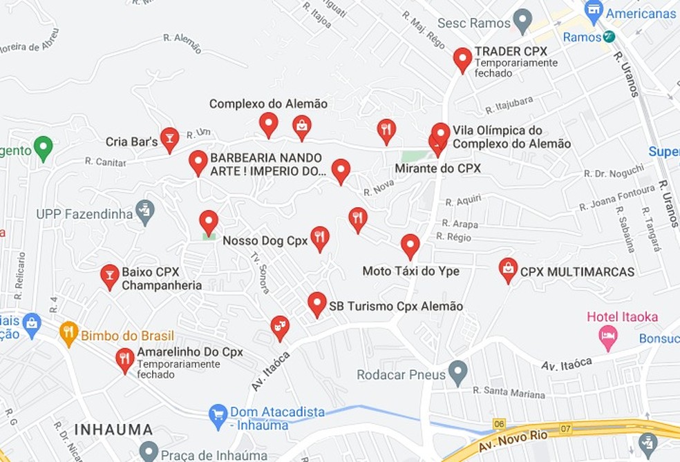 Lojas, bares e pontos turísticos usam CPX em seus nomes no Alemão — Foto: Reprodução/Google Maps