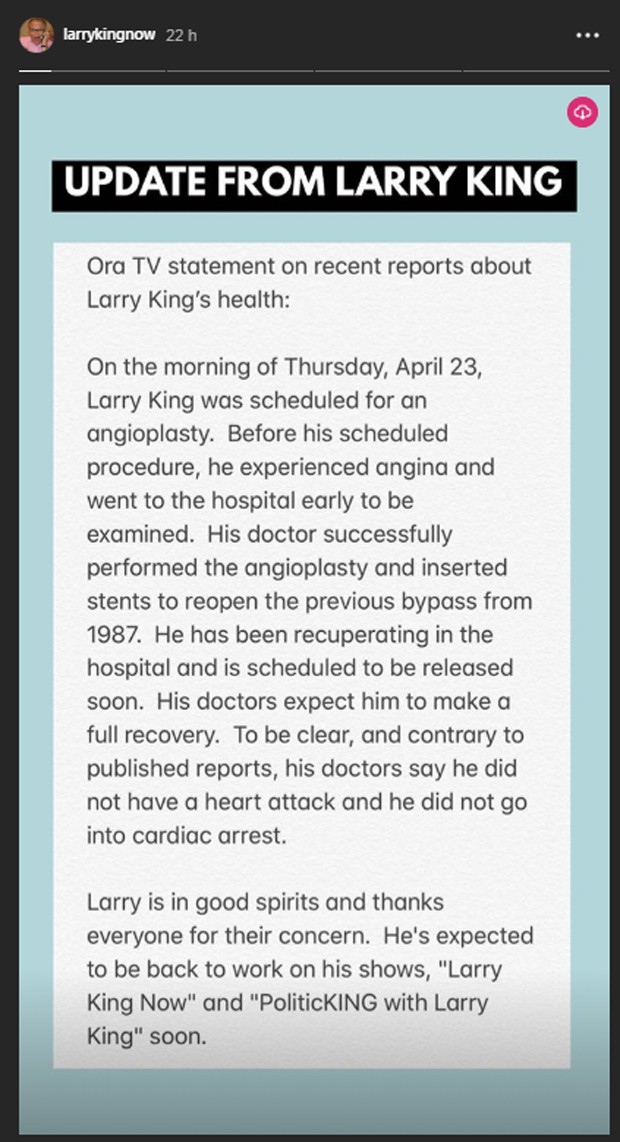 Equipe esclarece estado de saúde de Larry King após angioplastia (Foto: Reprodução/Instagram)