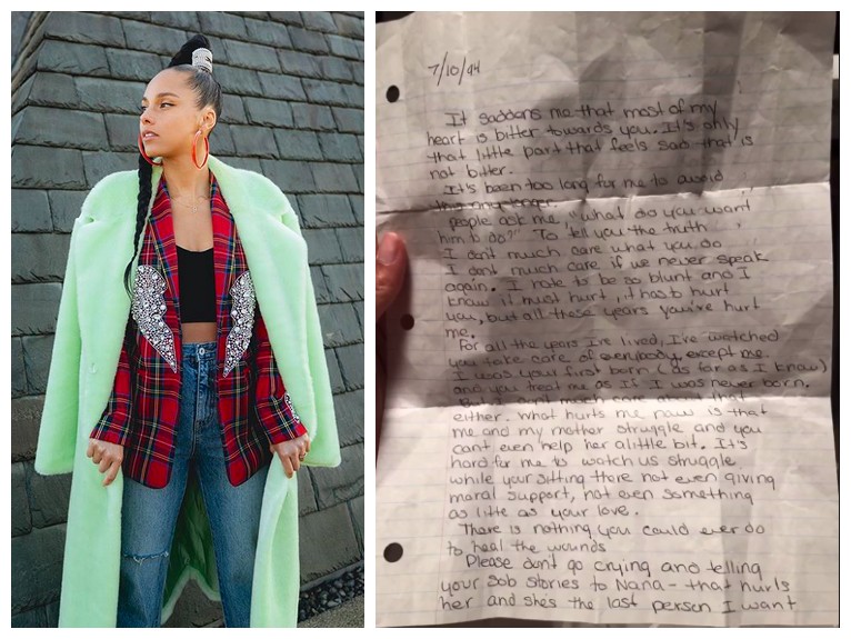 A carta enviada pela artista Alicia Keys para o pai quando tinha apenas 14 anos (Foto: Instagram)
