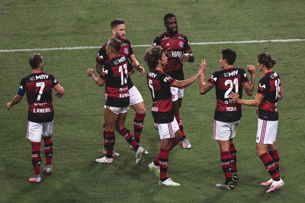 Jogadores do Flamengo comemoram a vitria  Foto: FotoFC