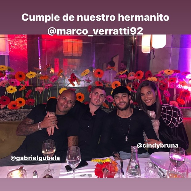 Cindy Bruna, Neymar e Mbappé comemoram juntos aniversário de Marco Verratti (Foto: Reprodução/Instagram)