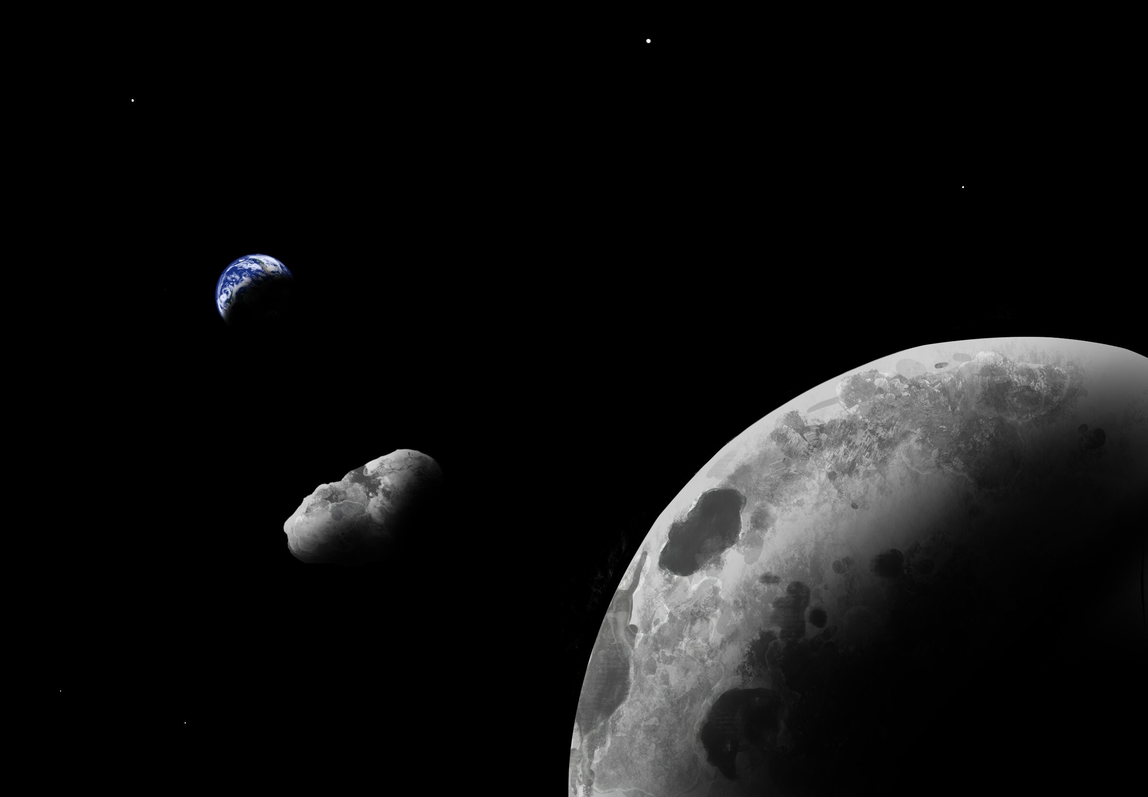 Impressão artística do asteroide Kamo`oalewa próximo à Terra e à Lua  (Foto: Addy Graham / University of Arizona)