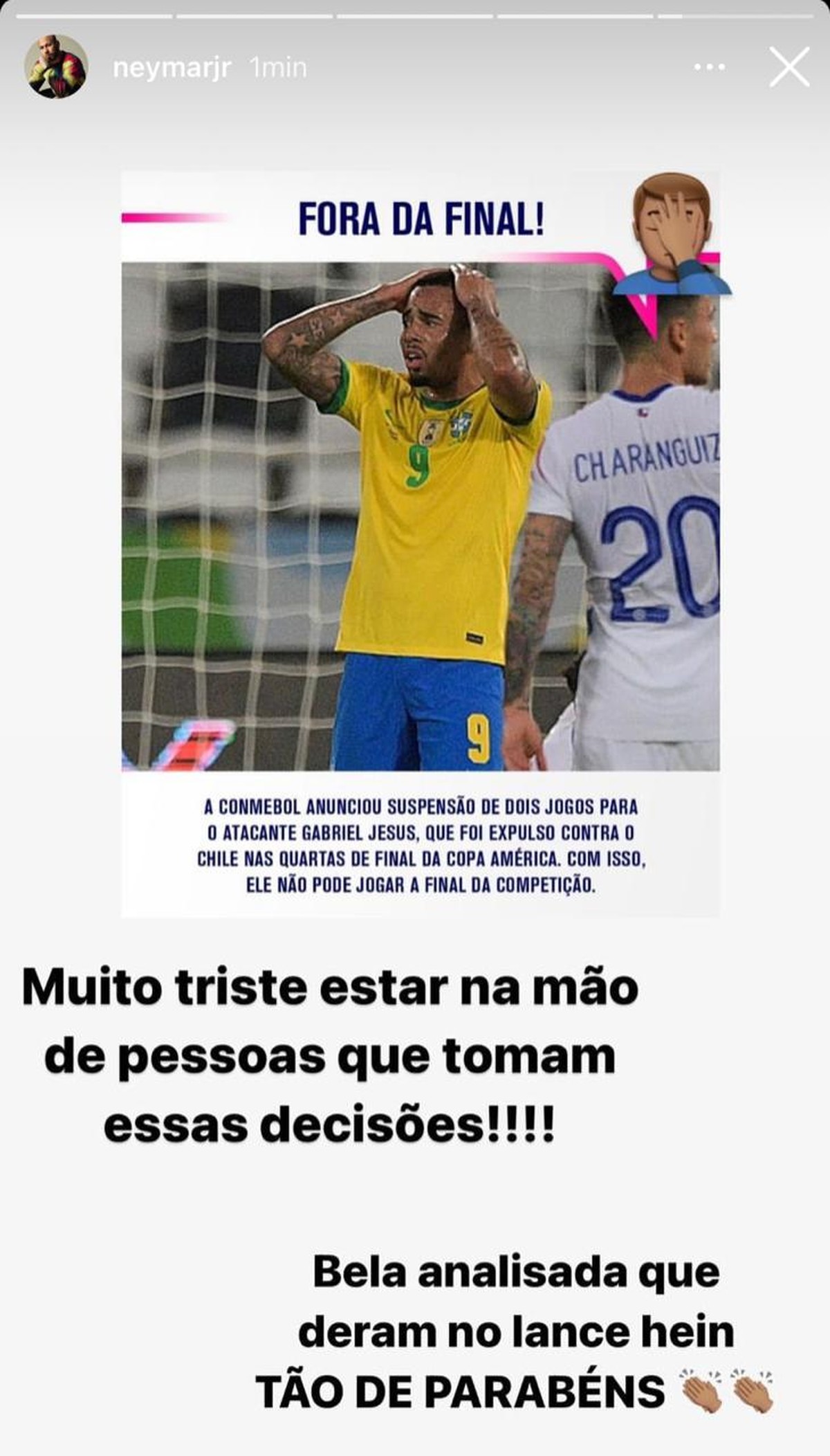 Neymar reclama de punição que deixa Gabriel Jesus fora da final e ironiza: "Estão de parabéns" - Vimarsana News