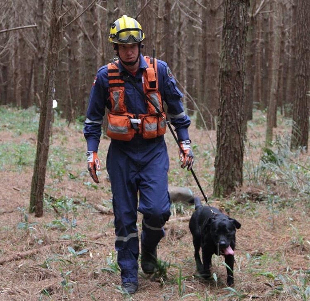 Cão Barney com seu condutor, soldado Rangel — Foto: Corpo de Bombeiros/Divulgação