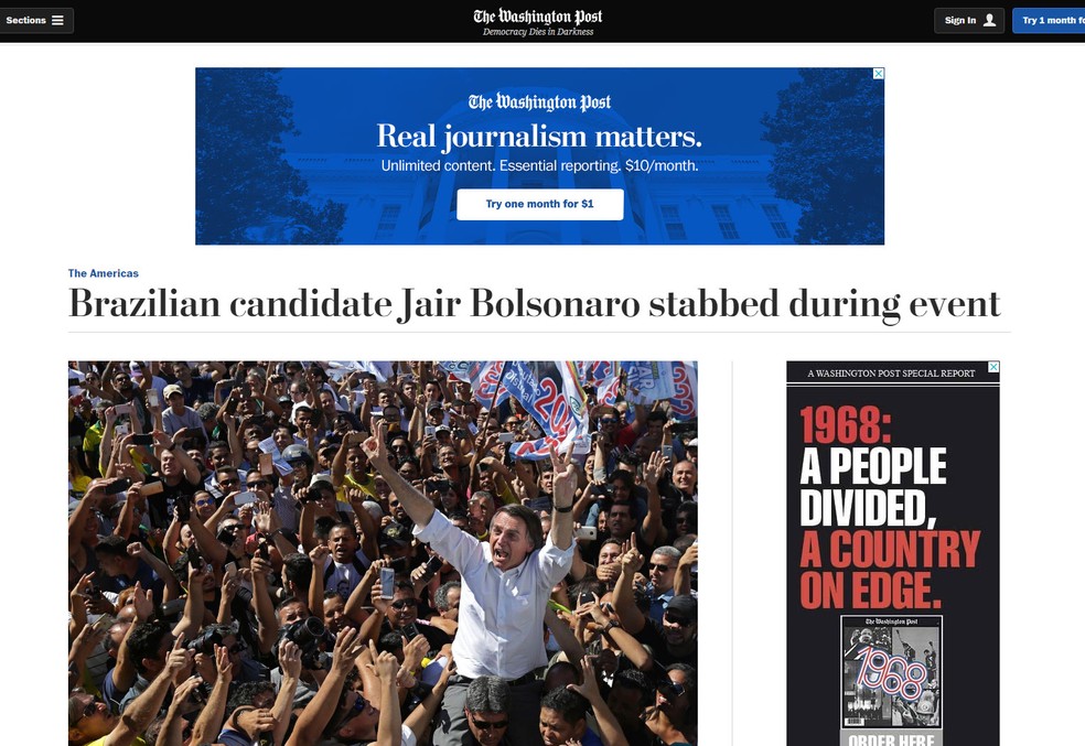 Site do 'Washington Post' informa que Bolsonaro foi esfaqueado em evento de campanha (Foto: Reprodução/Washington Post)