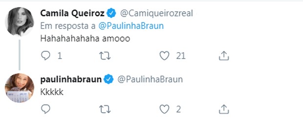 Camila Queiroz se diverte com publicação de Paula Braun (Foto: Reprodução/Twitter)