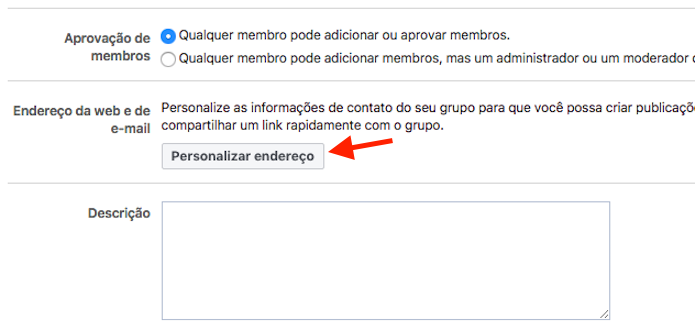Botão para acessar a opção que personaliza a URL de grupos no Facebook (Foto: Reprodução/Marvin Costa)