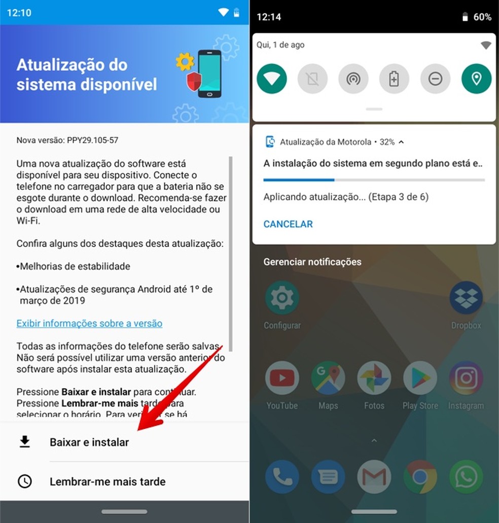 Baixando atualização do Android no Moto G7 — Foto: Reprodução/Helito Beggiora