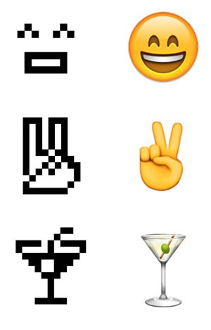 Exemplares de emojis originais, de 1999, que foram incluídas à coleção do MoMA, ao lado de suas representações atuais. (Foto: Divulgação/MoMA)