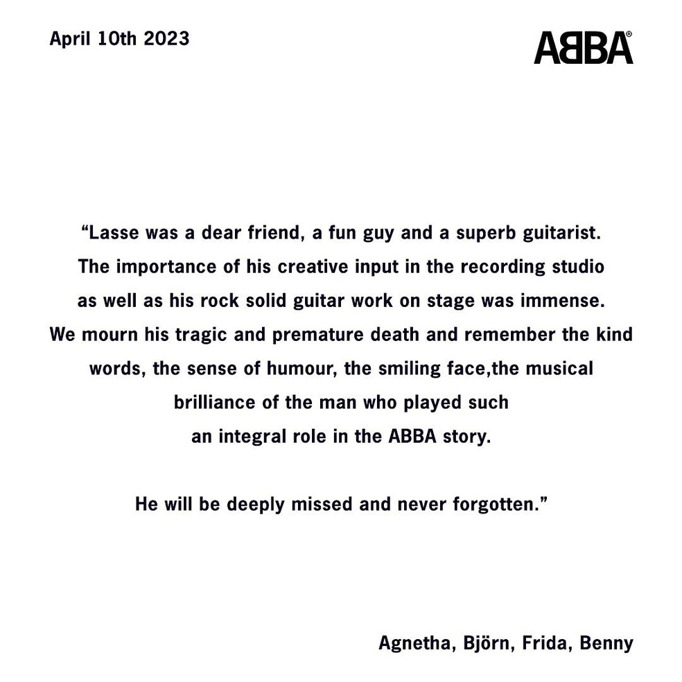 Comunicado do ABBA sobre a morte de Lasse Wellander — Foto: Reprodução/Instagra