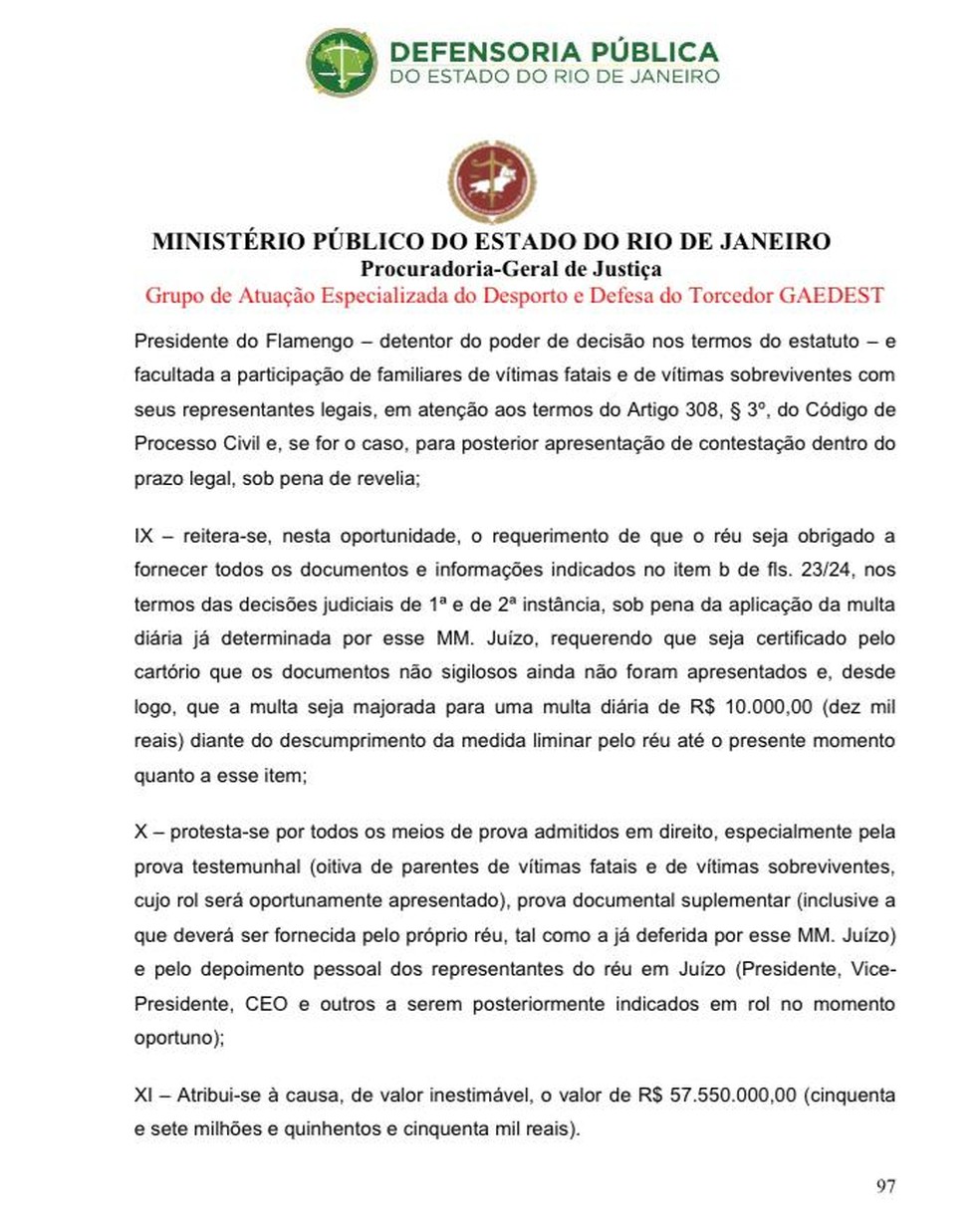 Ação MP-RJ contra o Flamengo — Foto: Reprodução