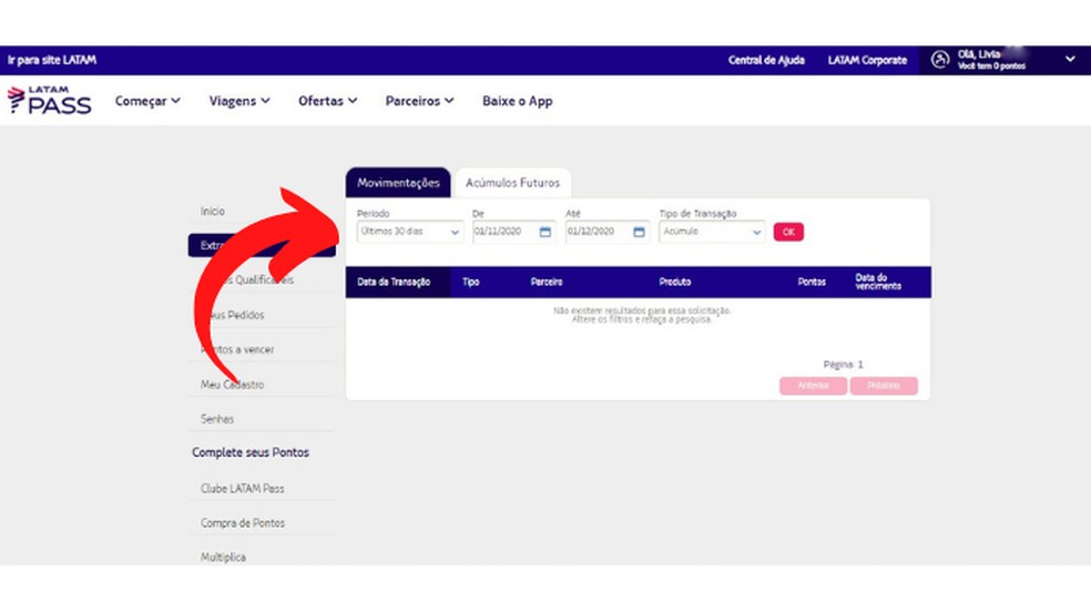 É possível filtrar o extrato de pontos da Latam Pass por data e tipo de transação — Foto: Reprodução/Lívia Dâmaso