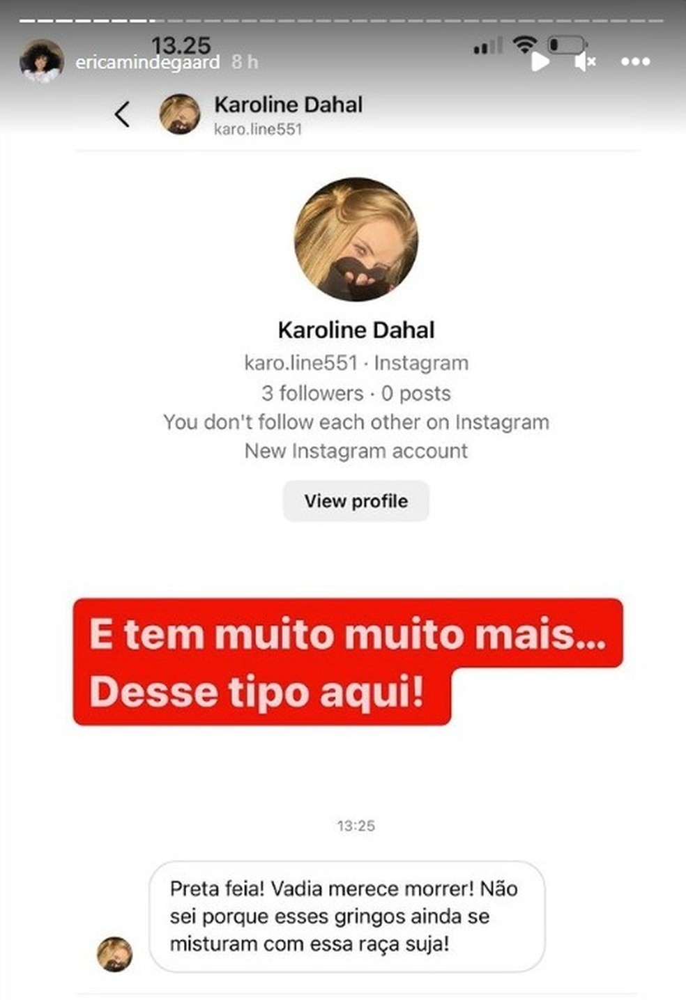 Erica publicou em sua rede social alguns dos ataques racistas que recebeu — Foto: Reprodução / Instagram