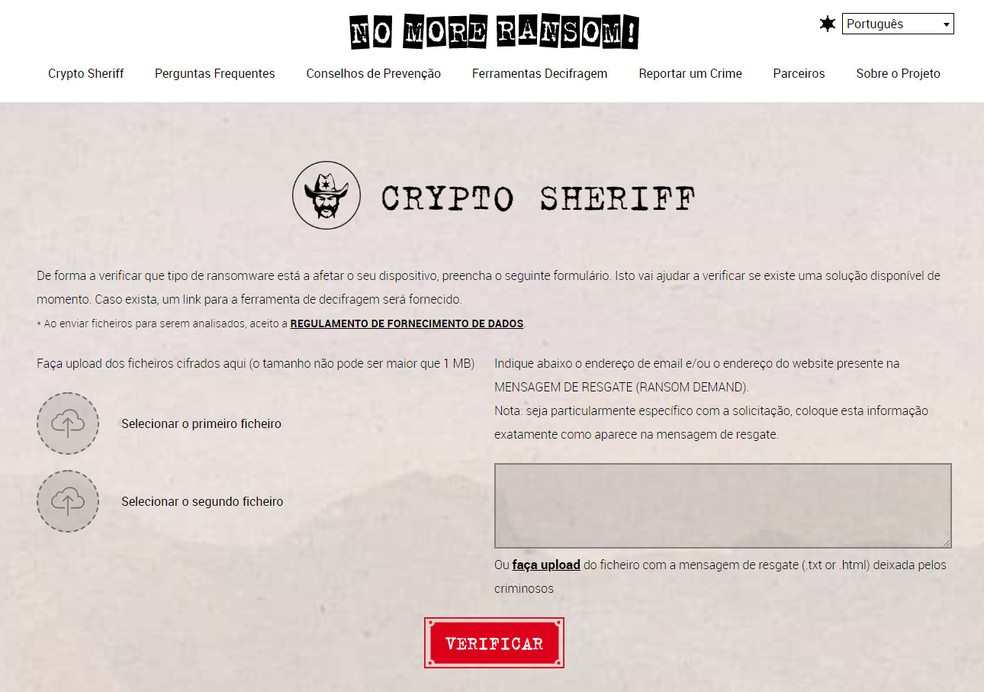 Site Crypto Sheriff ajuda a vítimas de vírus de resgate a encontrar ferramentas para recuperar dados — Foto: Reprodução