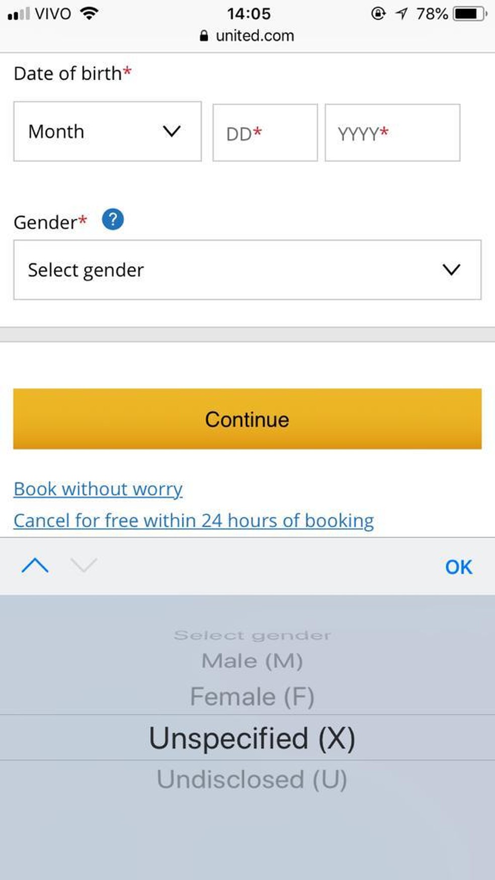 Tela de reserva de passagem da United Airlines — Foto: Reprodução